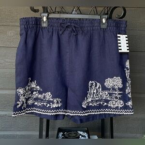 Johnny Was Biya Blue Nights Vanona Embroidered Navy LINEN Shorts XL